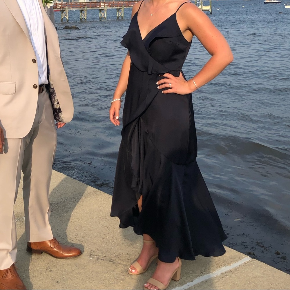 Navy blue satin spaghetti strap dress